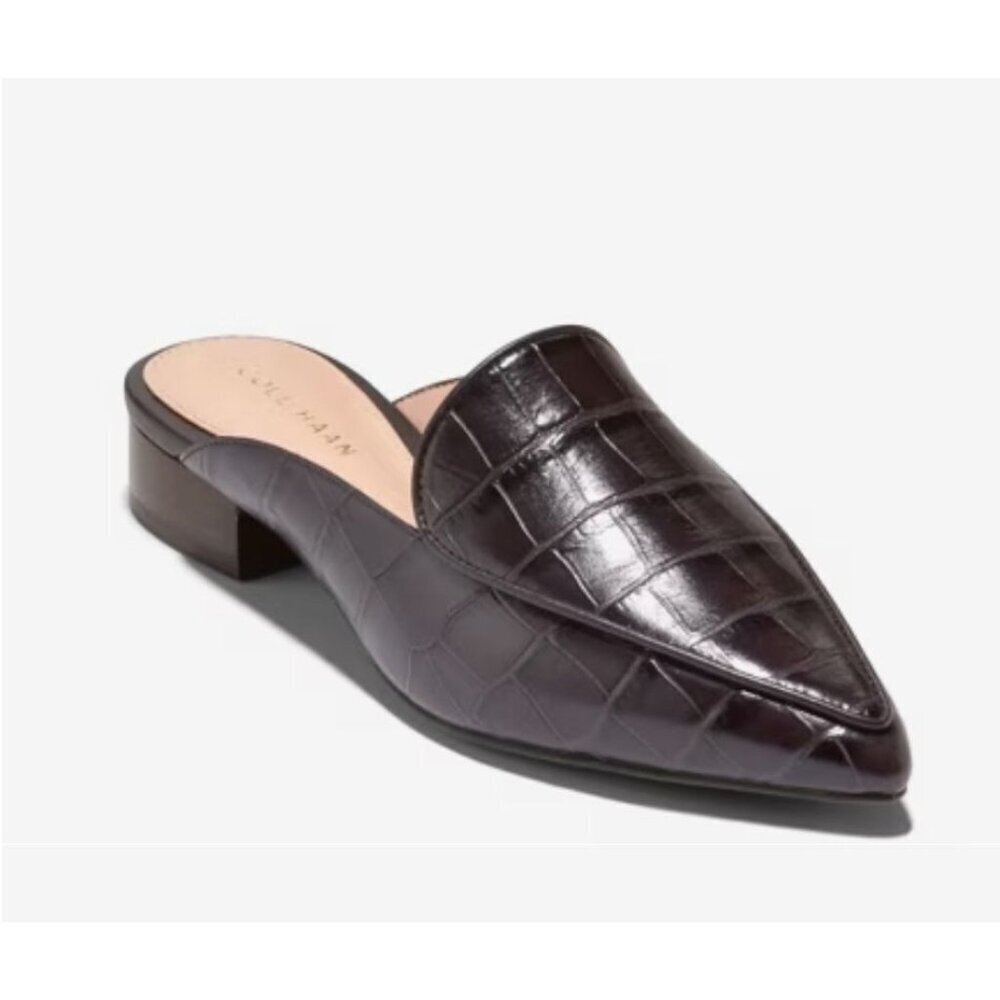 Cole Haan Piper Burgundy Croc-Embossed Leather Mules Block Heel Slip-On Womens